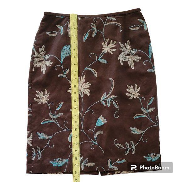 Ann Taylor Loft Linen Skirt Embroidered Fully Lined Mocha Brown - Picture 5 of 8